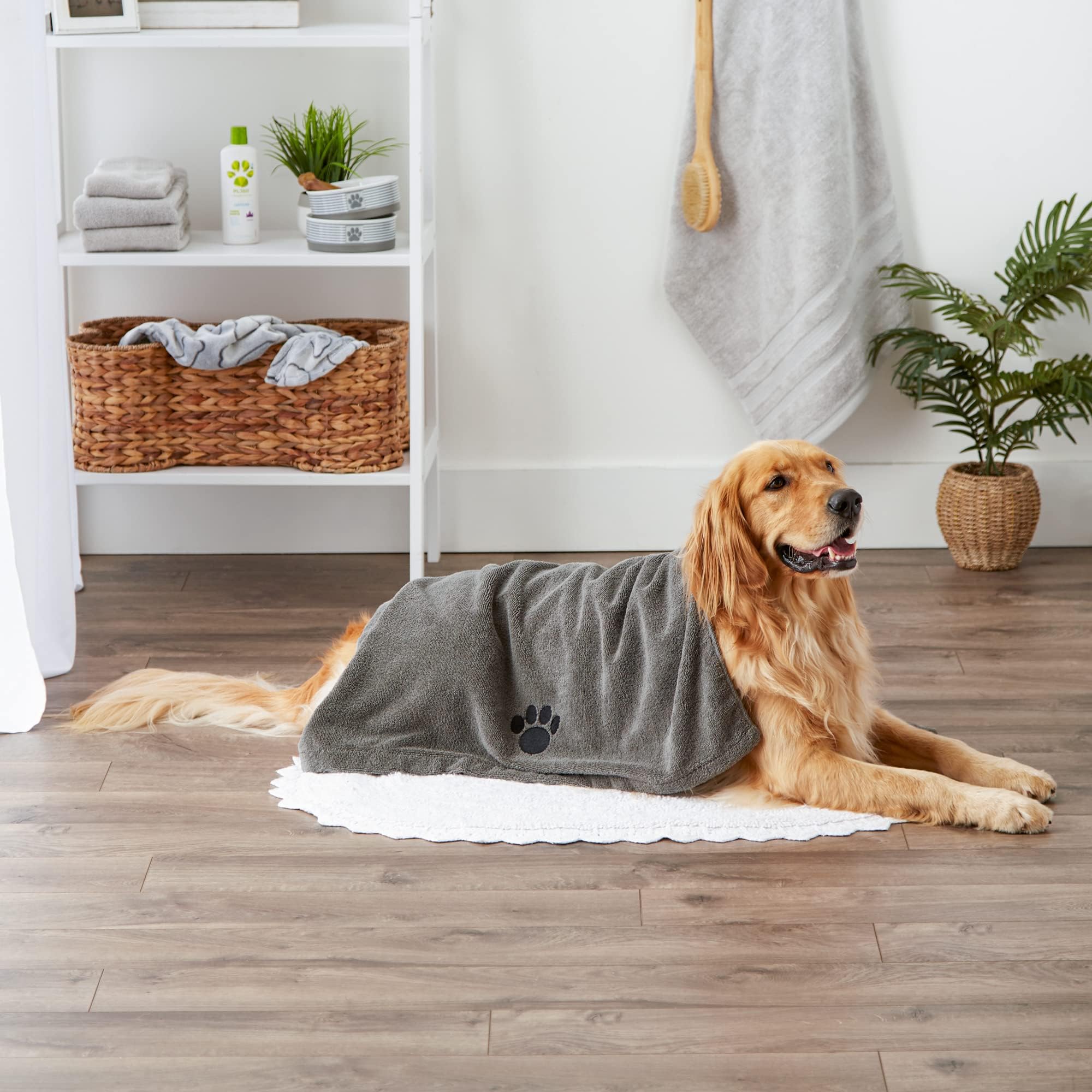 Bone Dry Pet Grooming Towel Collection Absorbent Microfiber X-Large, 41x23.5", Embroidered Gray - Image 5