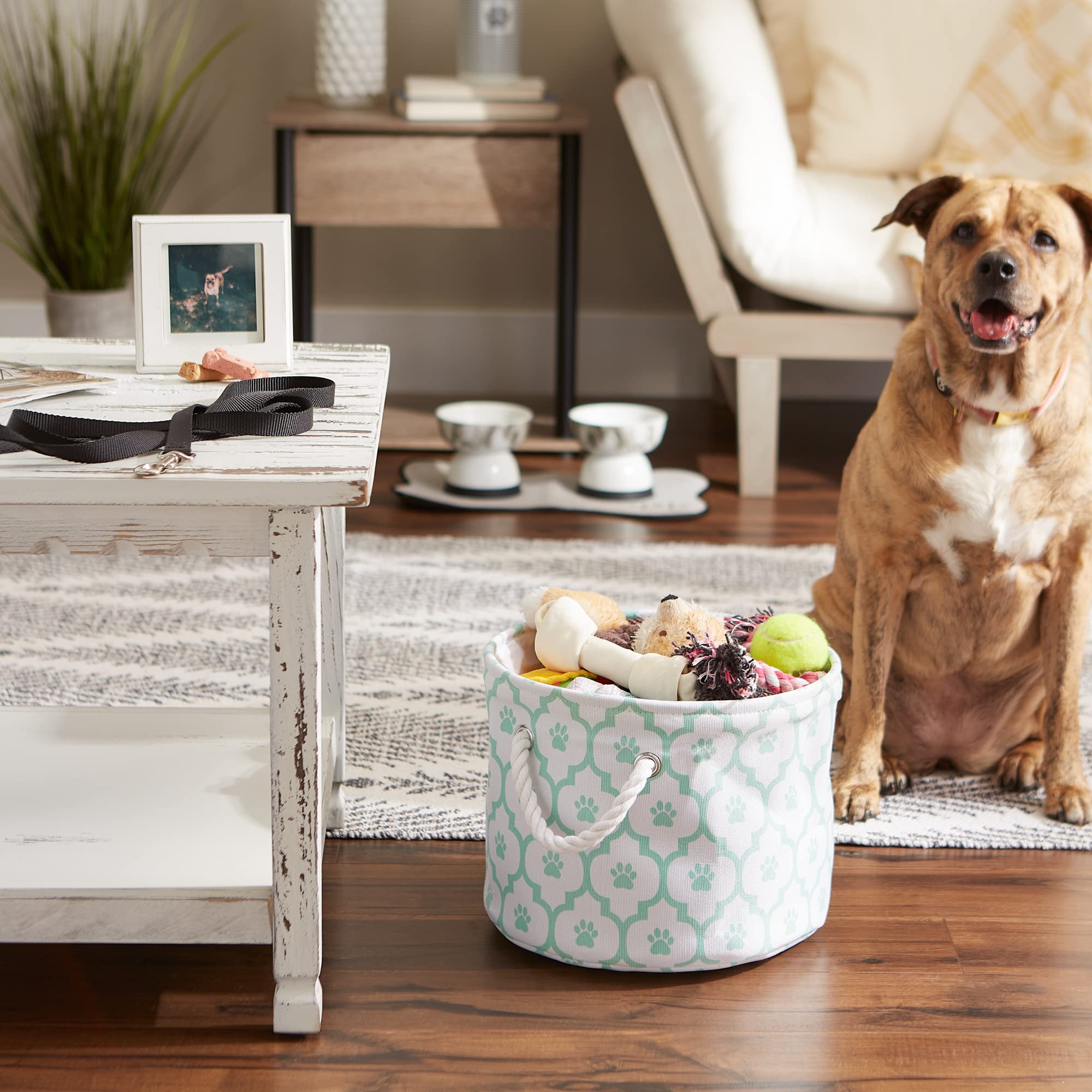 Bone Dry Pet Storage Collection Lattice Paw Print, Small Round, White/Aqua - Image 4