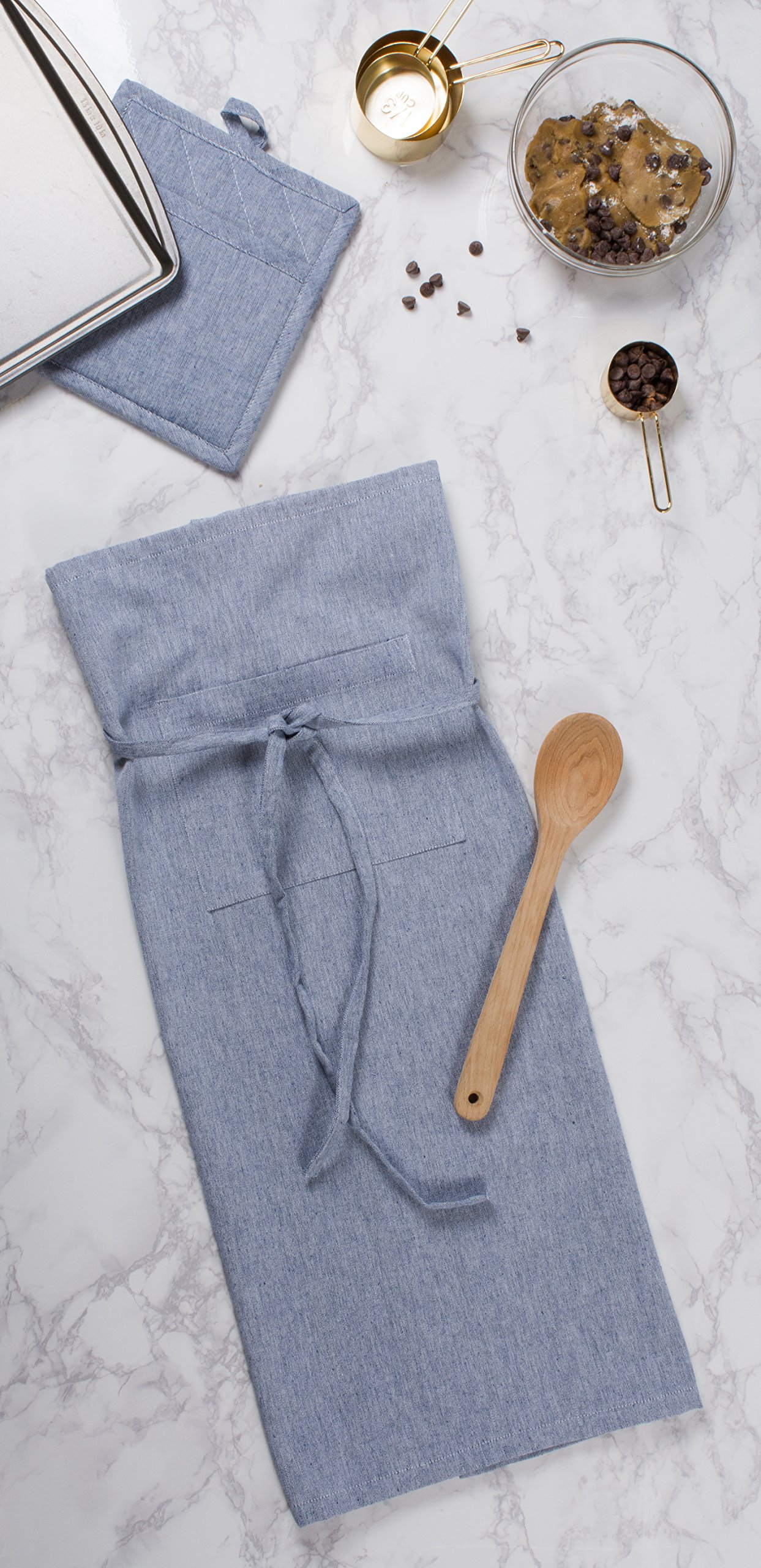 DII 100% Cotton Solid Chambray Kitchen Set, Bistro Apron, Blue, 1 Piece - Image 6