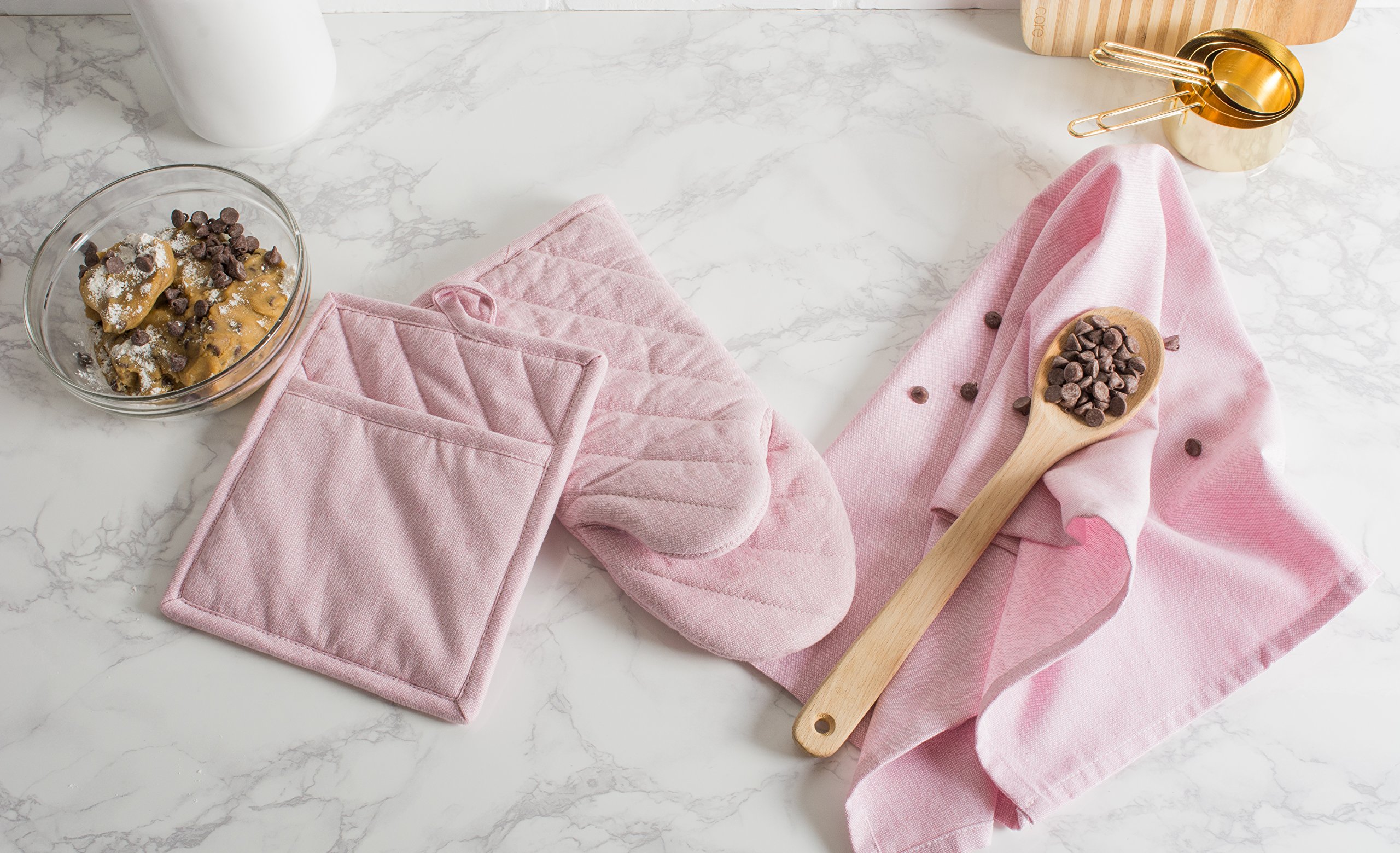 DII 100% Cotton Solid Chambray Kitchen Set, Oven Mitts, Rose, 2 Piece - Image 4