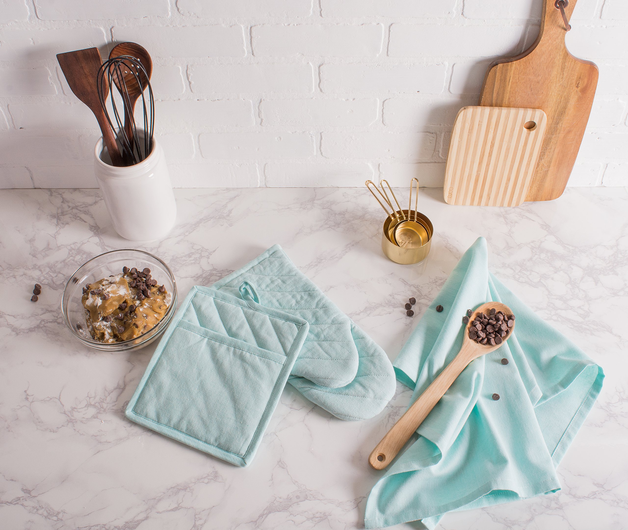 DII 100% Cotton Solid Chambray Kitchen Set, Potholders, Aqua, 2 Piece - Image 4