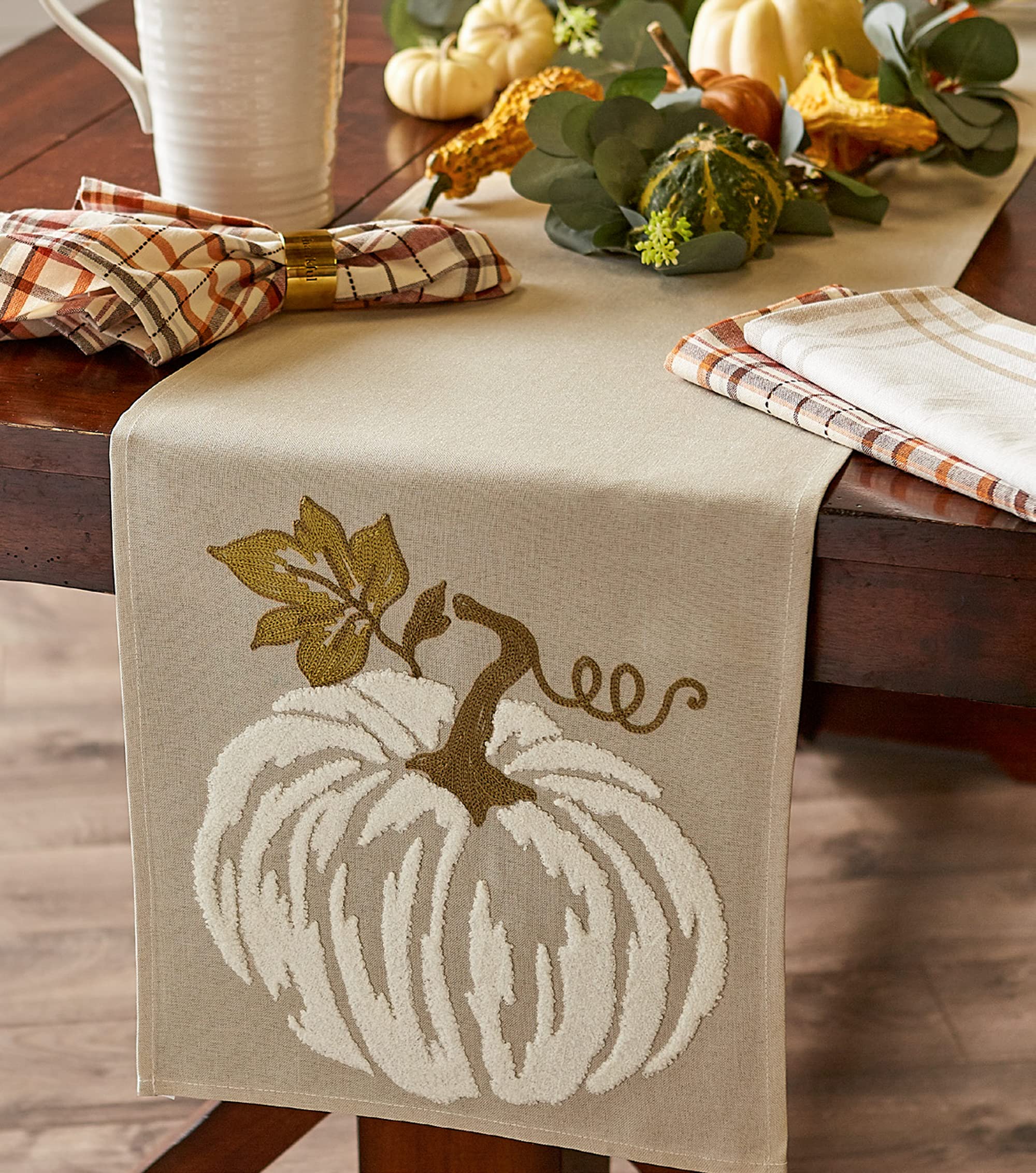 DII Fall Table Décor Embroidered Tabletop for Thanksgiving Dining, Table Runner, 14x70, White Pumpkin - Image 4