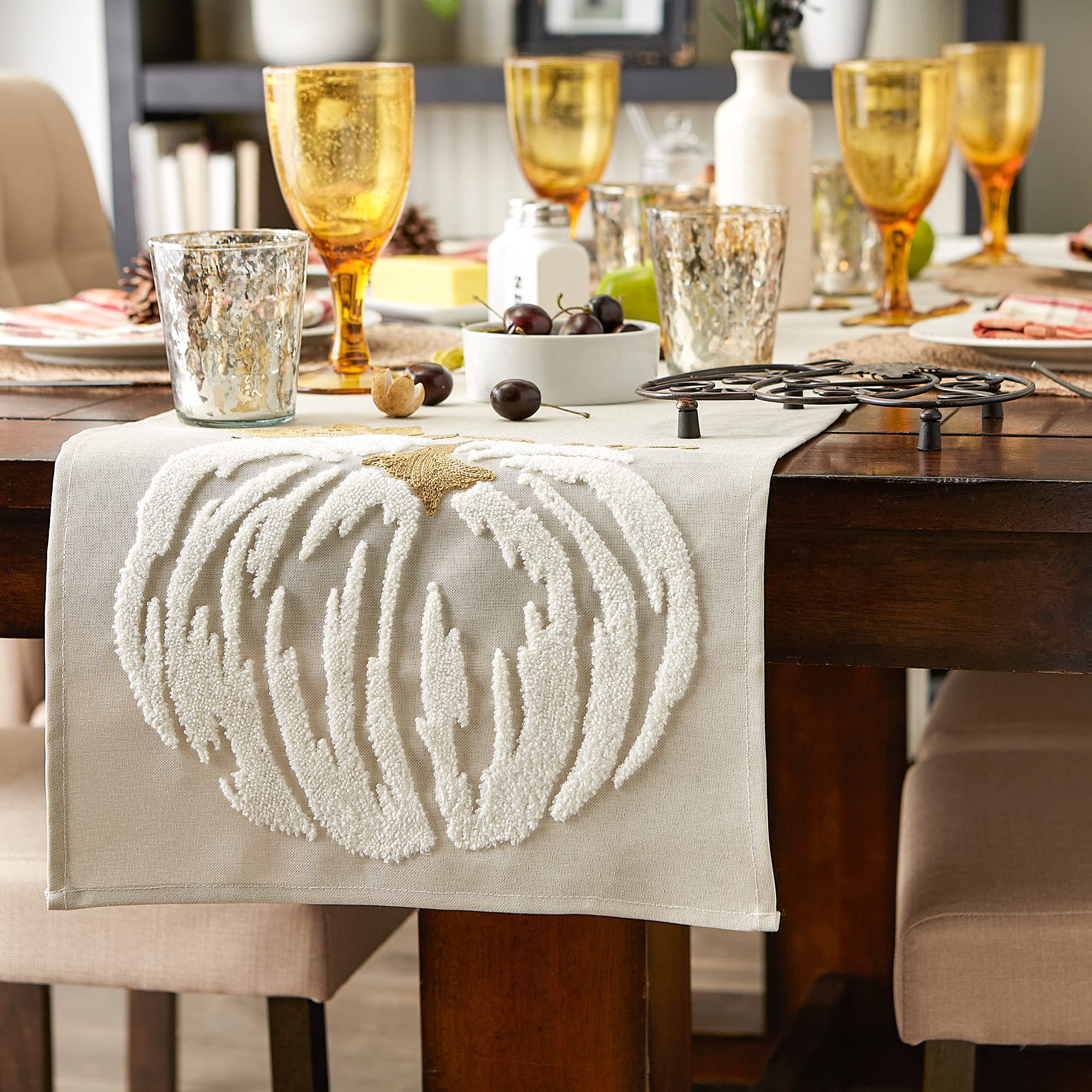 DII Fall Table Décor Embroidered Tabletop for Thanksgiving Dining, Table Runner, 14x70, White Pumpkin - Image 5