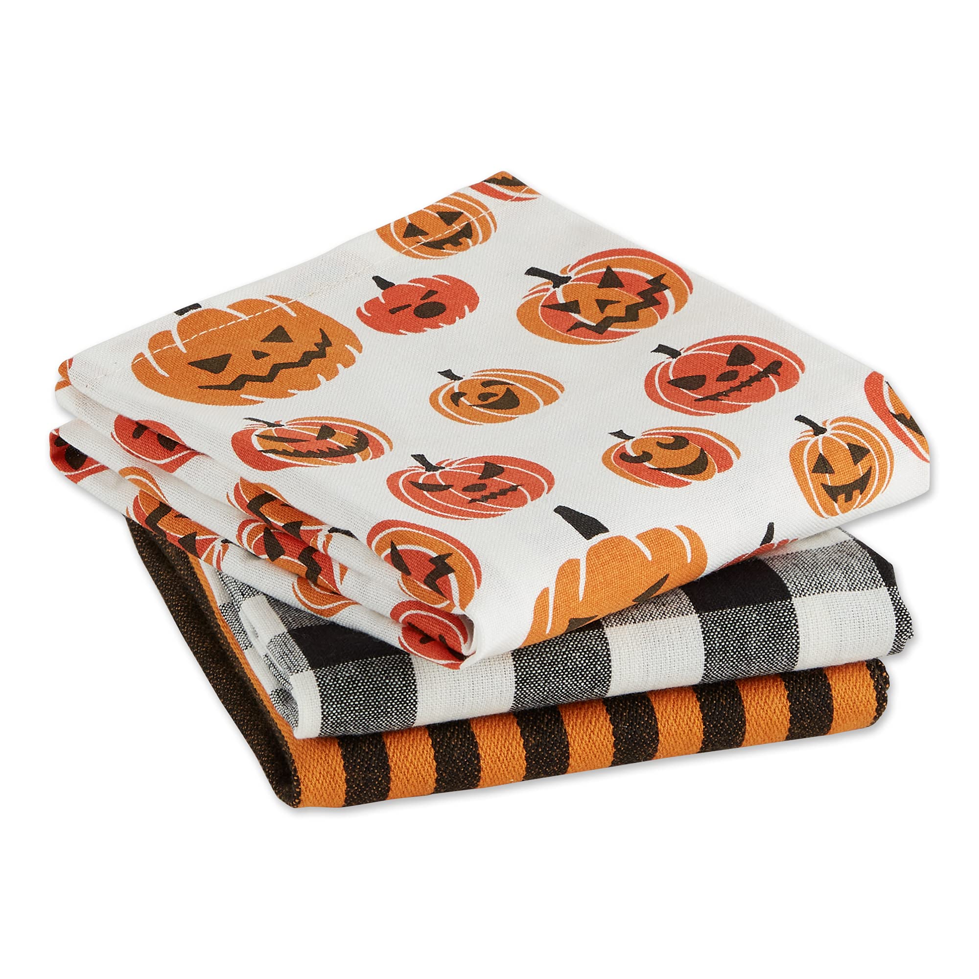 DII Halloween Hand Towels for The Kitchen Decorative Spooky & Fun Cotton Printed Dishtowel Set, 18x28, Black & White Buffalo Check/Orange Stripes, 3 Count - Image 3