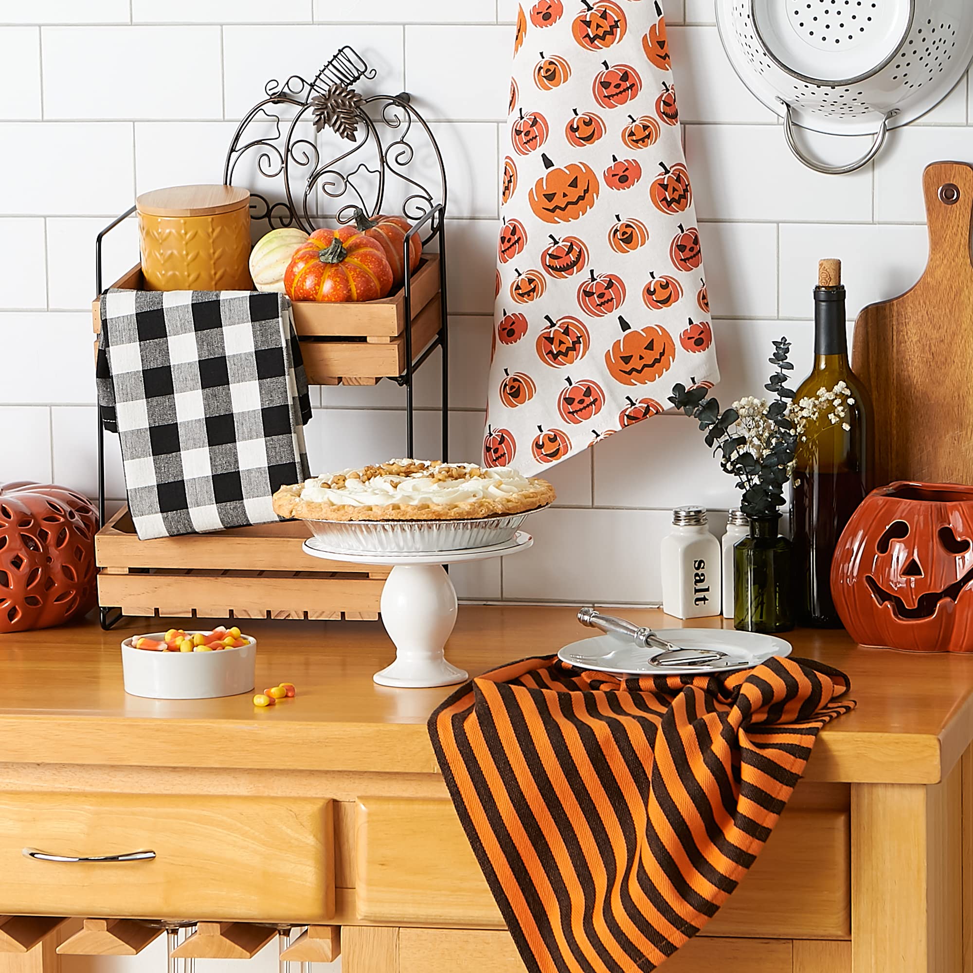 DII Halloween Hand Towels for The Kitchen Decorative Spooky & Fun Cotton Printed Dishtowel Set, 18x28, Black & White Buffalo Check/Orange Stripes, 3 Count - Image 6