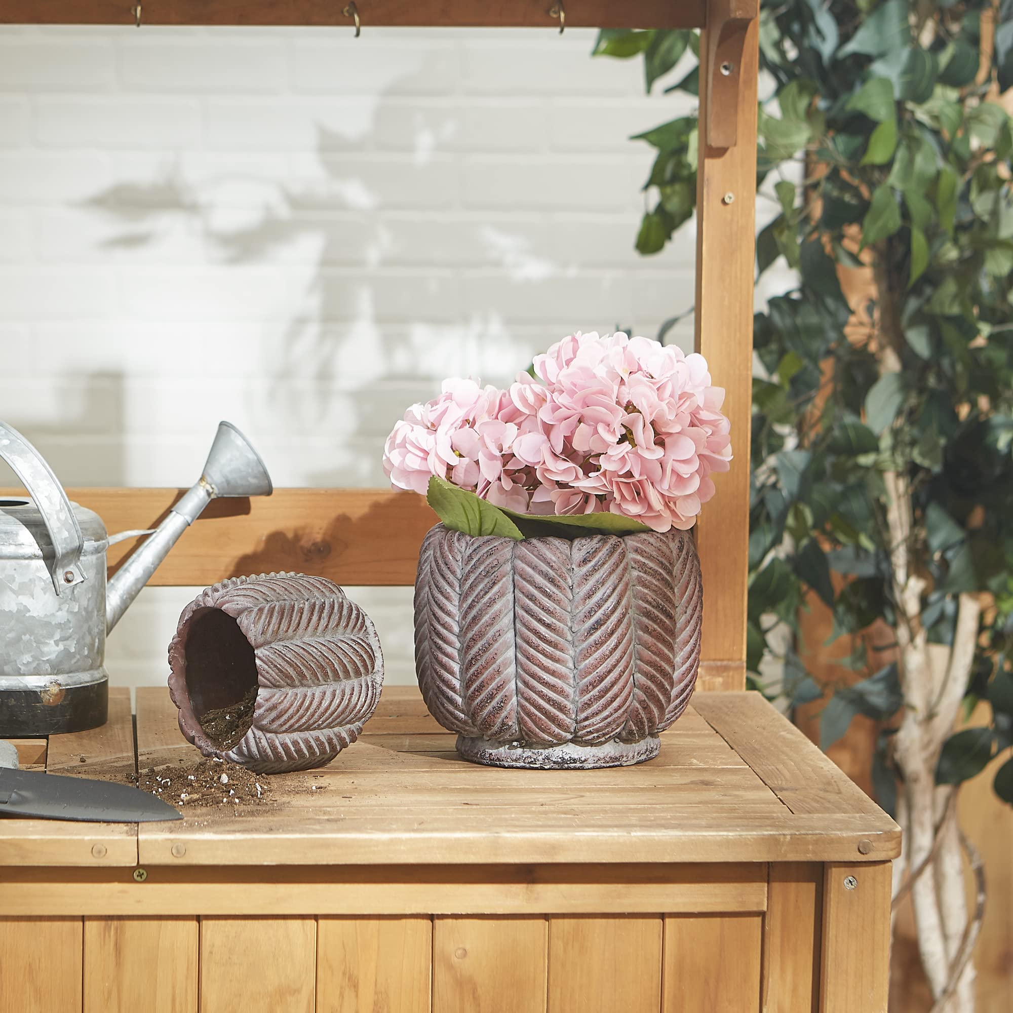 DII Planter Pot Collection Distressed/Weathered Indoor & Outdoor Cement, for Plants or Flowers, Small 5x4.25/Large 7.5x6.25, Deco Leaf, 2 Piece - Image 4