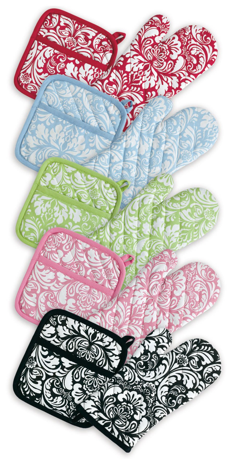 DII Quilted Kitchen Oven Mitt & Potholder Set, Hanging Loop for Convenient Storage, OM 6.5x12/PH 8x8.5, Pink Damask Print, 2 Piece - Image 7