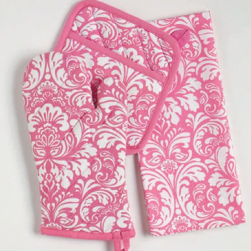 DII Quilted Kitchen Oven Mitt & Potholder Set, Hanging Loop for Convenient Storage, OM 6.5x12/PH 8x8.5, Pink Damask Print, 2 Piece - Image 8