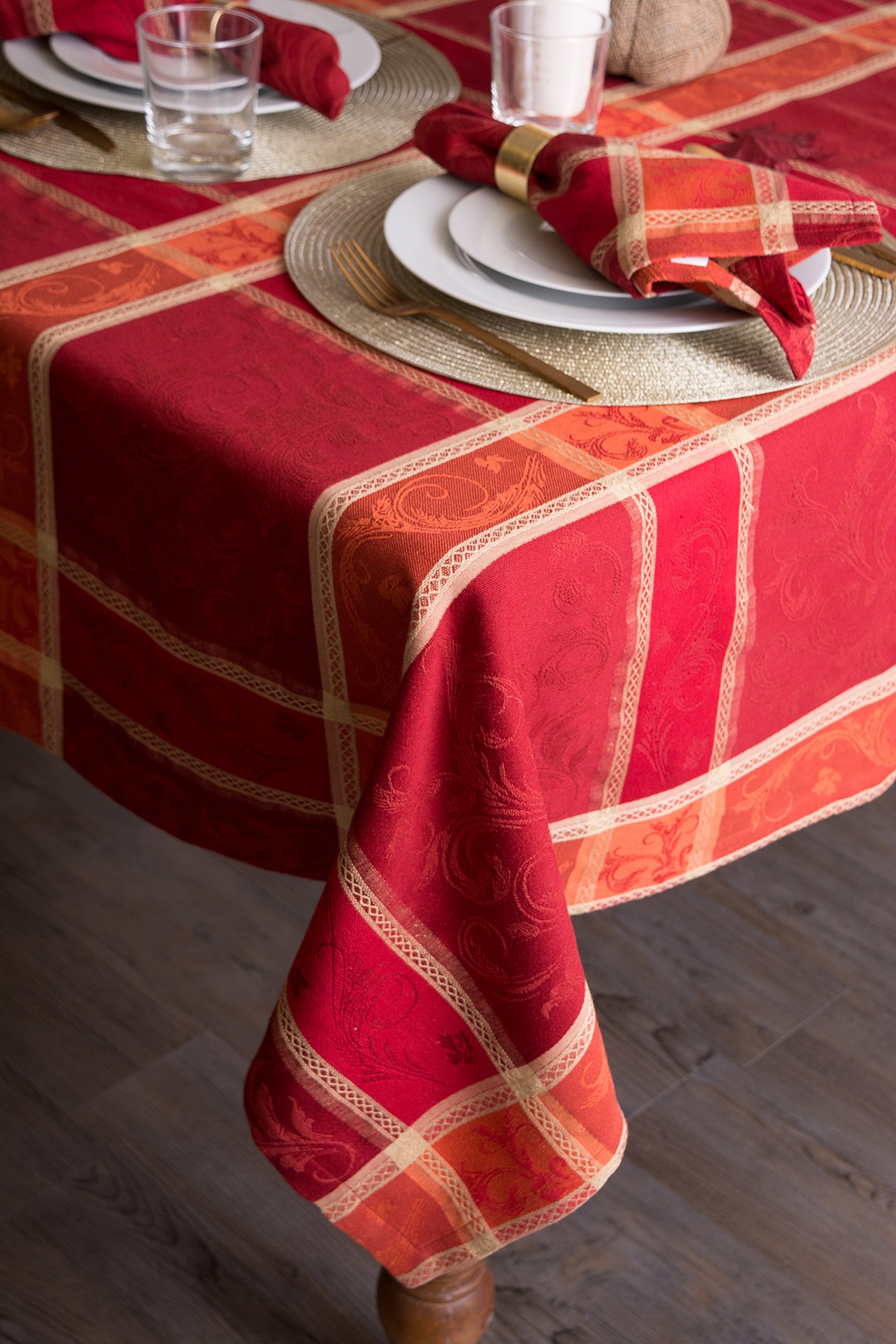 DII Traditional Harvest Wheat Jacquard Collection Thanksgiving Fall Table Décor Damask Cotton, 70" Round Tablecloth, Burnt Orange Pumpkin Vine - Image 5